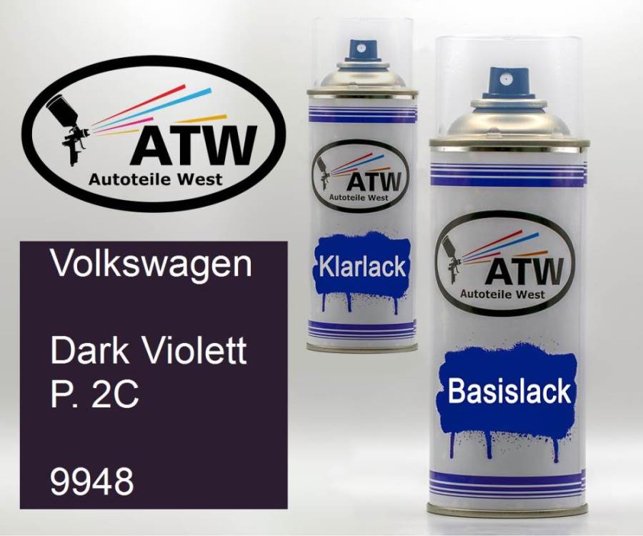 Volkswagen, Dark Violett P. 2C, 9948: 400ml Sprühdose + 400ml Klarlack - Set, von ATW Autoteile West.